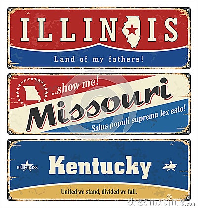 Vintage tin sign collection with USA state. Illinois. Missouri. Kentucky. Retro souvenirs or postcard templates. Vector Illustration