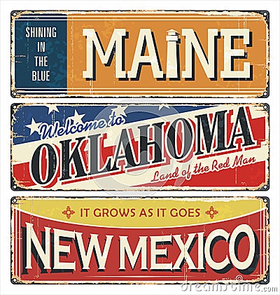 Vintage tin sign collection with USA state. Maine. Oklahoma. New Mexico. Retro souvenirs or postcard templates on rust back Vector Illustration