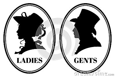 Vintage toilet wc vector sign with lady and gentleman head in victorian hats and clothes Vector Illustration