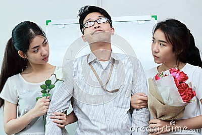 Vintage toned image of frustrated complicated relationship between three people. Love triangle concept. Stock Photo