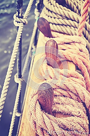 Vintage toned rigging of an old sailing ship. Stock Photo