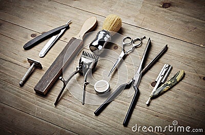 Vintage tools of barber shop on wood desk Stock Photo