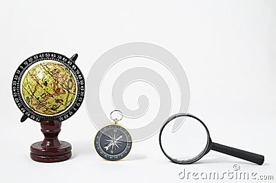Vintage Tools Globe Compass and Loupe Stock Photo
