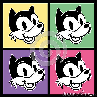 Vintage toons. four images of retro cartoon character smiley woolf on the colorful background Vector Illustration