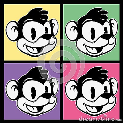 Vintage toons. images of retro cartoon character smiley monkey on four different colorful background Vector Illustration