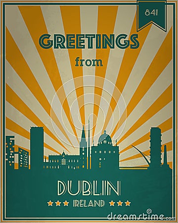 Vintage Touristic Greeting Card - Dublin Vector Illustration