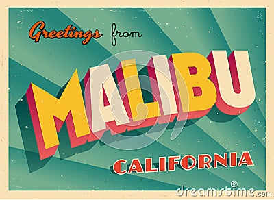 Vintage Touristic Greeting Card From Malibu, California. Vector Illustration