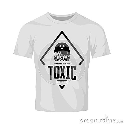 Vintage toxic rider in gas mask vector logo isolated on white t-shirt mock up. Vector Illustration