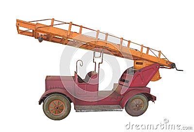 Vintage toy metal fire truck isolated. Stock Photo