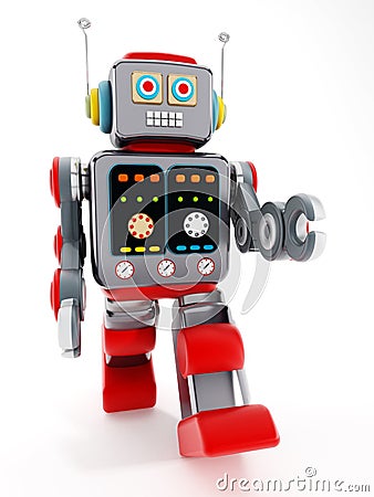 Vintage toy robot on white background. 3D illustration Cartoon Illustration