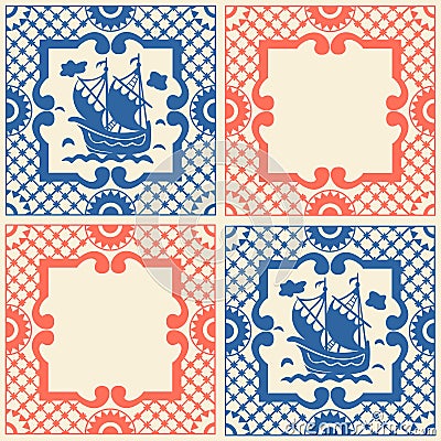 Vintage traditional ceramic mosaic with sailboat floating on waves, pattern with ship in Style of Dutch tiles Style. Vector Illustration