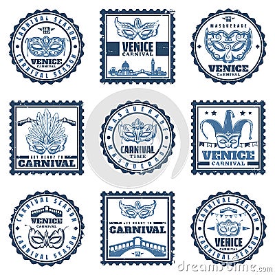 Vintage Traditional Venice Carnival Stamps Set Vector Illustration