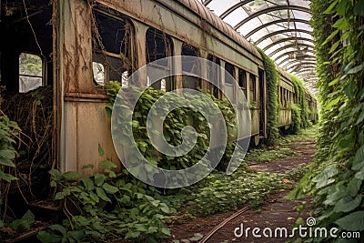 vintage train carriages entwined with ivy Stock Photo