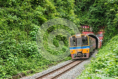 Vintage train running out of tunnel in forest Editorial Stock Photo