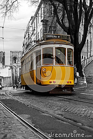 Vintage tram in the center of Lisbon Editorial Stock Photo