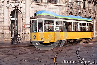 Vintage tram on the Milano street Stock Photo