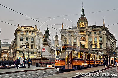 Vintage tram in the street of Milano Editorial Stock Photo