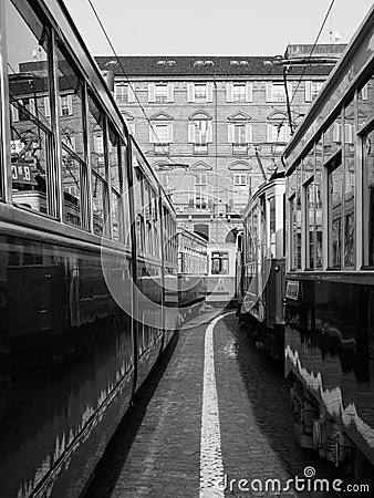 Vintage tram at Turin Trolley Festival in black and white Editorial Stock Photo