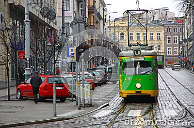 Vintage trams on a street of Poznan Editorial Stock Photo