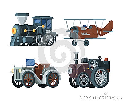 Vintage transport. Old retro passenger cars locomotive trucks carriage train airplanes garish vector flat vehicles Vector Illustration