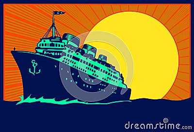 Vintage travel poster ocean liner cruise ship illustration Vector Illustration