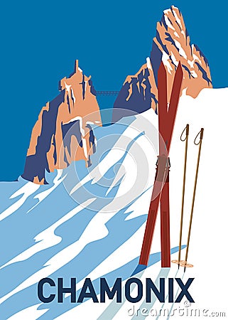 Vintage Travel poster Ski Chamonix resort. France winter landscape travel card Vector Illustration