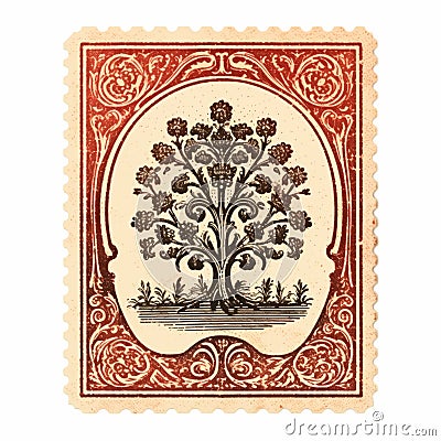 Vintage Tree Stamp Vector With Qajar Art And 19th Century American Paintings Cartoon Illustration