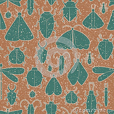 Vintage trendy colors vector seamless pattern with grunge insects silhouette. Moth, butterfly, dragonfly, ant, ladybug Vector Illustration