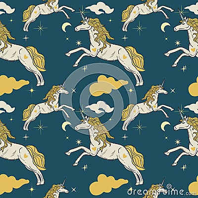 Vintage trendy pattern with unicorns and night sky. Bohemian art style background Vector Illustration