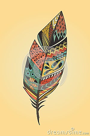 Vintage tribal ethnic hand drawn colorful feather Vector Illustration