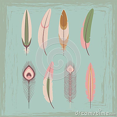 Vintage tribal feathers on grunge Vector Illustration