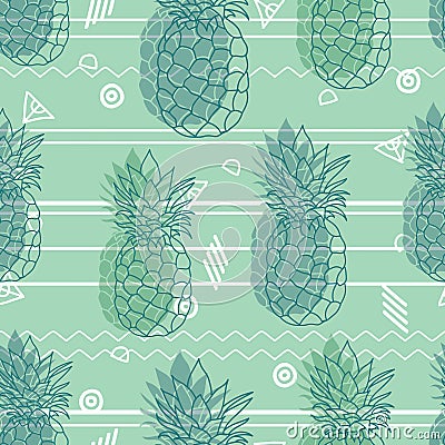 Vintage tribal mint green pineapples vector background seamless repeat pattern. Summer colorful tropical textile print. Vector Illustration