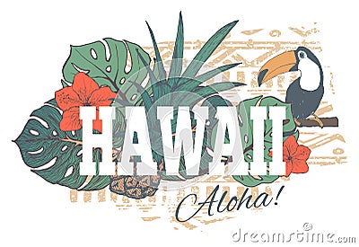 Vintage tropical exotic Hawaii print for t-shirt Vector Illustration