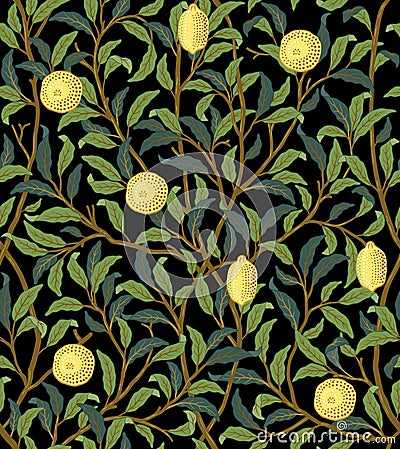 Vintage tropical fruit seamless pattern on dark background. Lemons in foliage. Middle ages William Morris style. Vector Vector Illustration