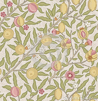 Vintage tropical fruit seamless pattern on light background. Middle ages William Morris style. Vector illustration Vector Illustration