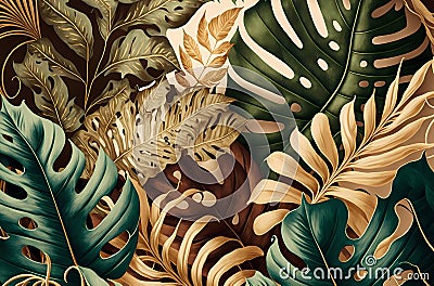 Vintage tropical green brown leaves, Luxury mural, premium wallpaper. 3d painting illustration, watercolor design Cartoon Illustration