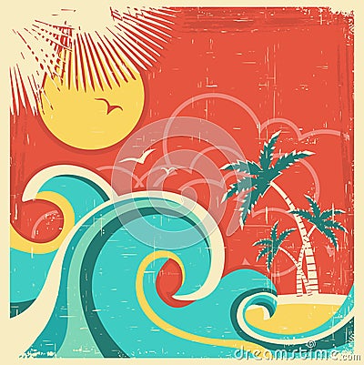 Vintage tropical poster with island and palms.Vect Vector Illustration