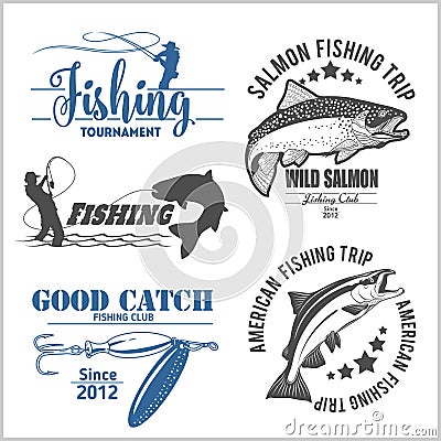 Vintage trout fishing emblems, labels and design elements Vector Illustration