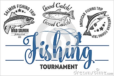 Vintage trout fishing emblems, labels and design elements Vector Illustration