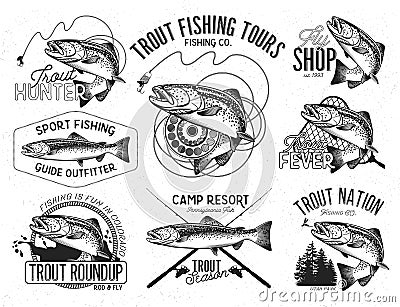 Vintage trout fishing emblems Vector Illustration
