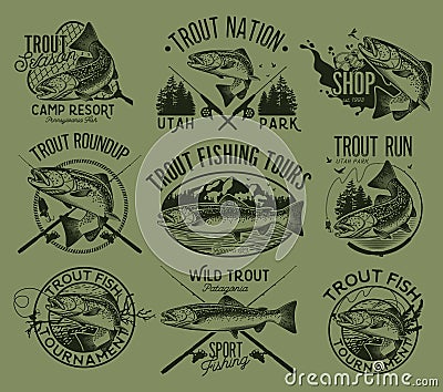 Vintage trout fishing emblems Vector Illustration