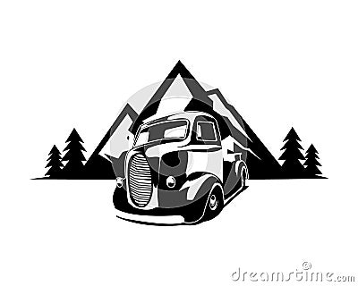 vintage 1947 truck with amazing mountain view. view from front isolated white background. Vector Illustration