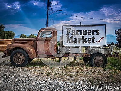 Vintage Truck Farmers Market Sign Stock Photo