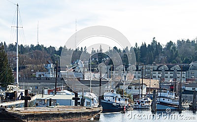 Vintage Tugs moored in Salmon Bay Seattle Washington Editorial Stock Photo
