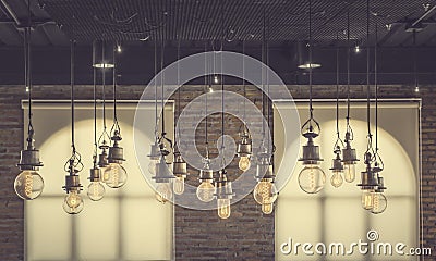 Vintage tungsten light with brick wall and window background Stock Photo
