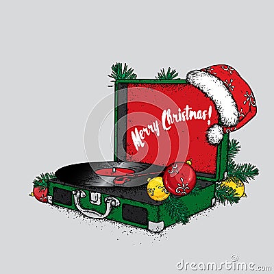 A vintage turntable with a Christmas hat, branches of a Christmas tree and balls. Vector illustration. New Year`s and Christmas. Vector Illustration