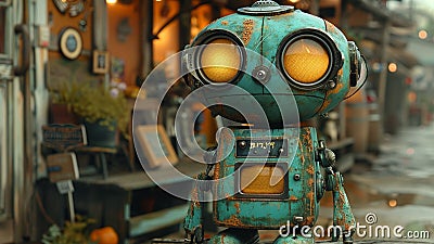 Vintage Turquoise Robot: A Rustic Encounter in an Urban Setting with Numeric Code 8475 Stock Photo