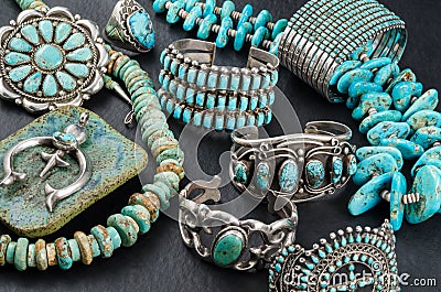 Turquoise and Silver Jewelry. Stock Photo