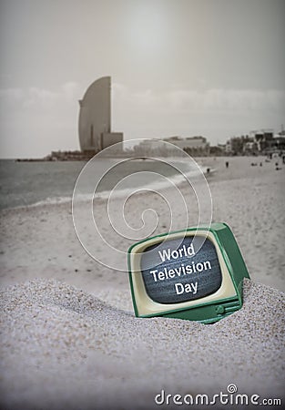 Vintage TV on the beach, World Television Day Stock Photo