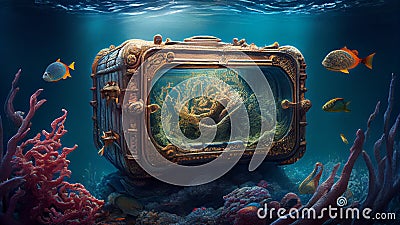 Vintage TV in the sea. Underwater world. Stock Photo